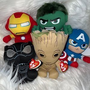 TY Marvel Beanie Babies Spider-Man Ironman Black Panther Cpt. America Hulk Groot